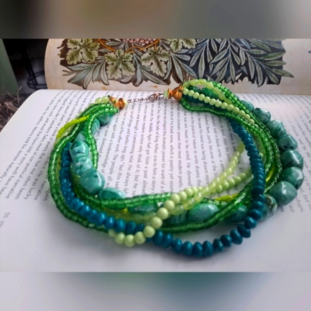 Green tones Multi chain neckla e with beautiful  gold clasp